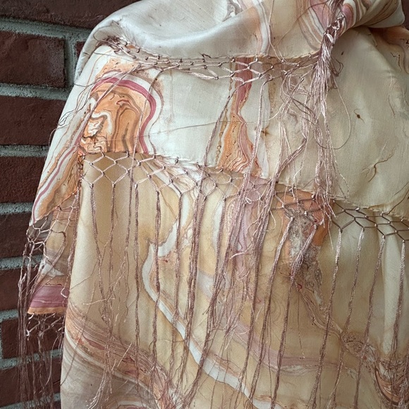 •Hand painted Handmade Silk Fringed Boho Scarf Wrap NWOT 41”x42” Made in India - Picture 10 of 14